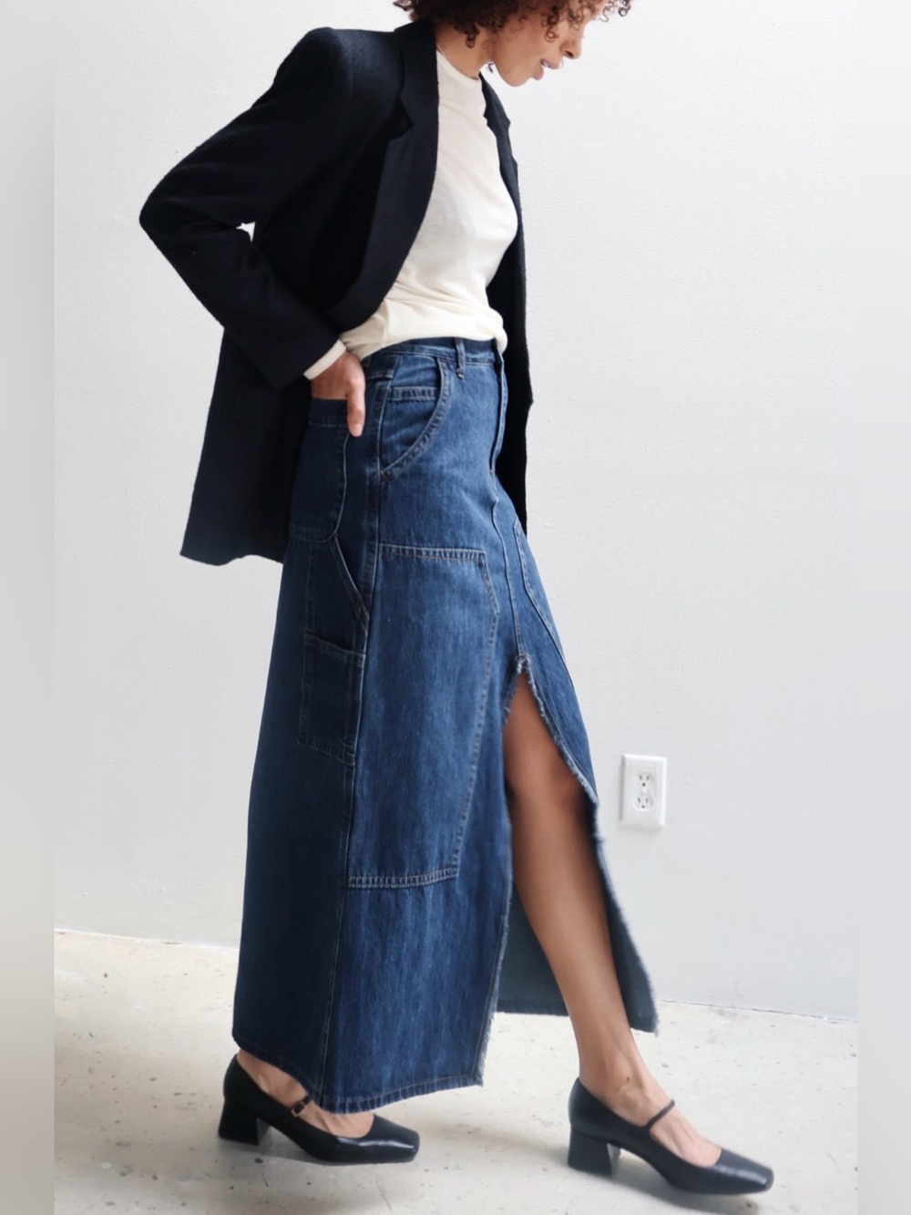 Moon River Front Slit Denim Midi Skirt Blue 100% Cotton High Waist M